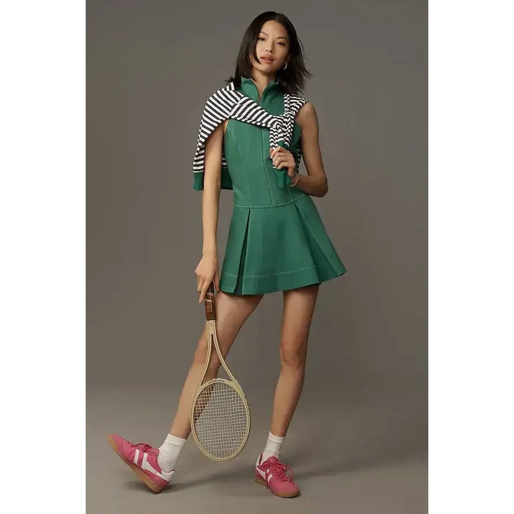Maeve x  Anthropologie Zip-Front Pleated Tennis Textured Dress In Green Sz S